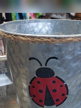 Galvanized Metal Planter Bucket with Red Ladybug Accent
